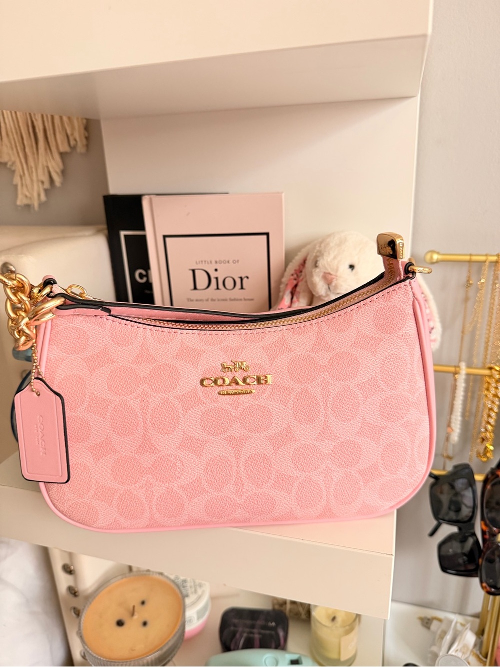 COACH Pink Signature Canvas Crescent Shoulder Bag with Gold Hardware